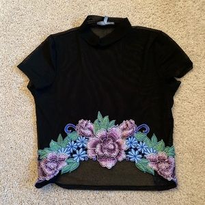 Embroidered mesh crop top